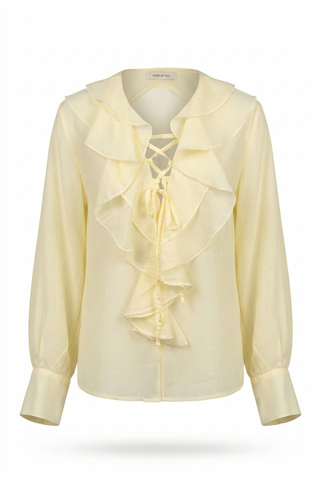 Blusa Romântica Ruffle & Lace em Amarelo Pastel