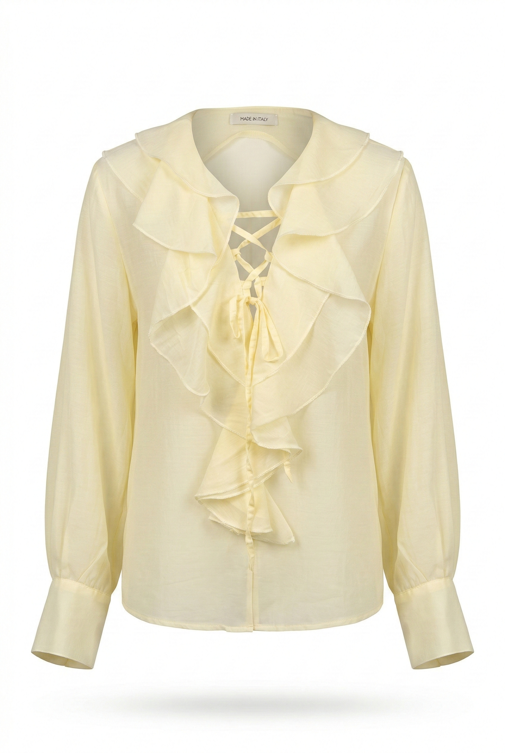 Blusa Romântica Ruffle & Lace em Amarelo Pastel