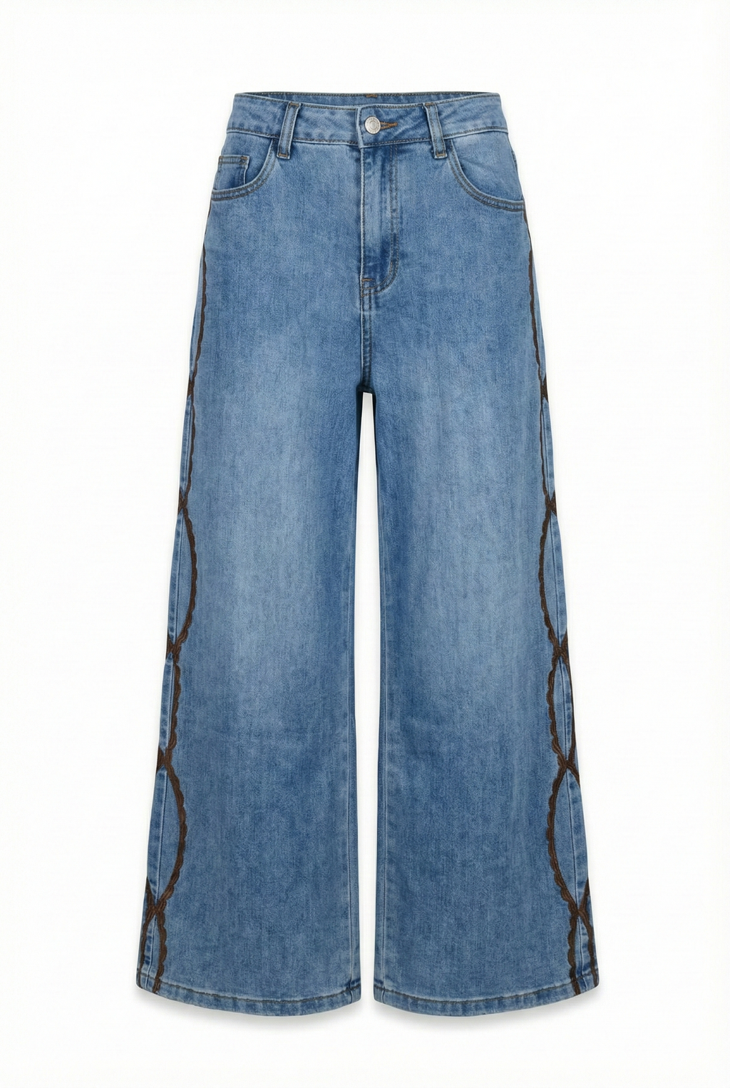 Jeans Wide Leg com Detalhes Laterais & Cinto