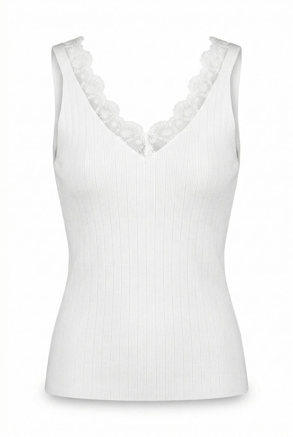 Top de Malha Canelada com Renda Floral