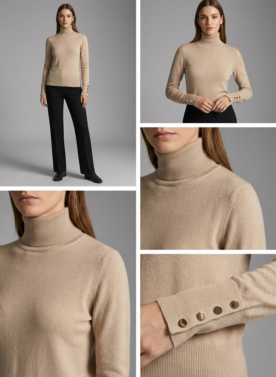 Camisola de Malha Fina Gola Alta com Botões Dourados Estilo Zara