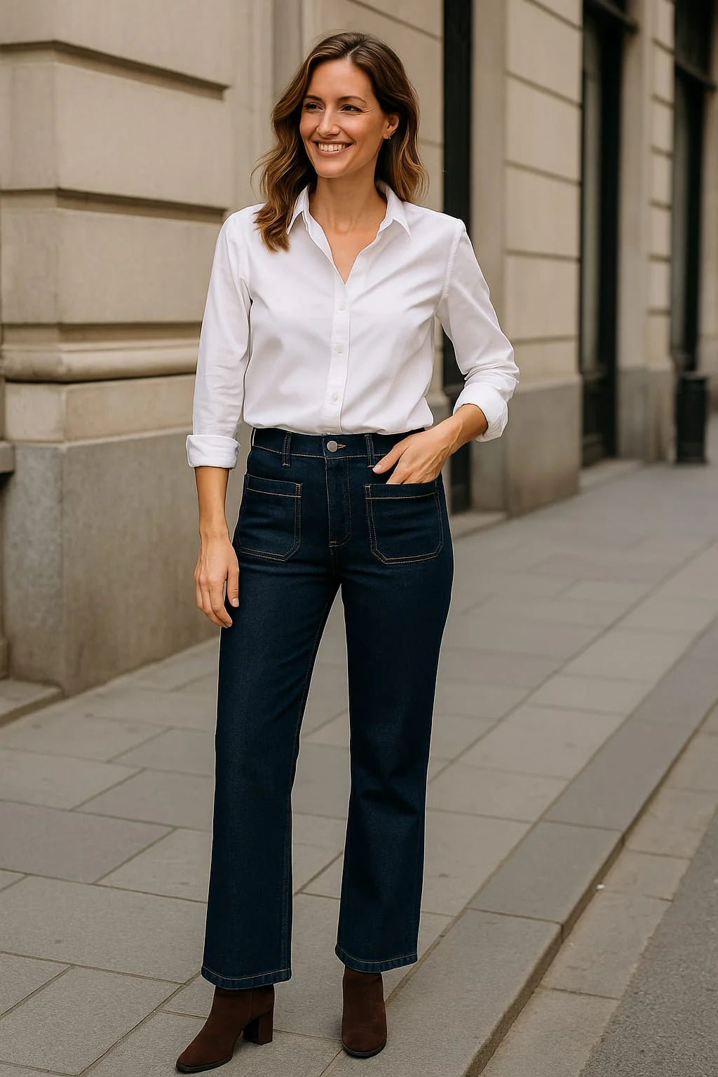 Jeans Wide Leg em Denim Indigo Escuro com Dois Bolsos Frontais