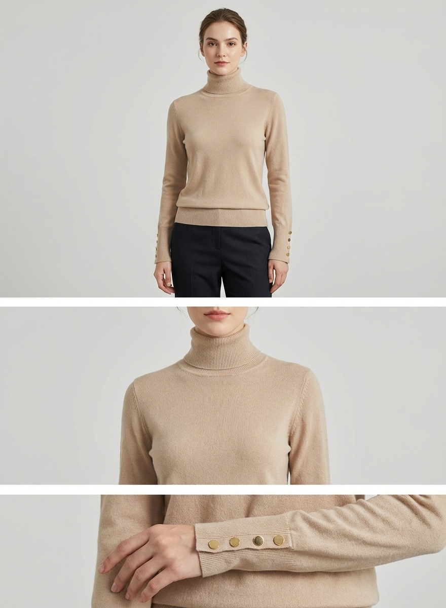 Camisola de Malha Fina Gola Alta com Botões Dourados Estilo Zara