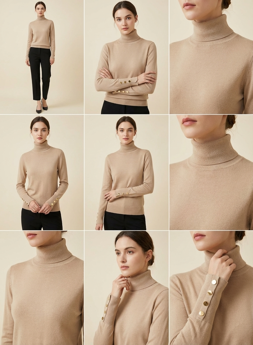 Camisola de Malha Fina Gola Alta com Botões Dourados Estilo Zara